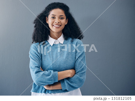Black woman, happy portrait and business smile with professional and confident leader mockup space. Face of Colombia entrepreneur person with arms crossed, pride and smile for vision grey background Black woman, happy portrait and business smile with professional and confident leader mockup space. Face of Colombia entrepreneur person with arms crossed, pride and smile for vision grey background 131812105