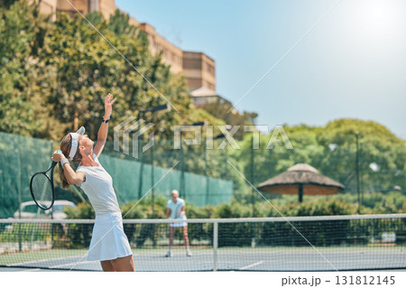 Tennis court, woman and serving for sports competition outdoor for fitness, exercise and training. Healthy people at club for game, workout and performance for health and wellness with summer cardio Tennis court, woman and serving for sports competition outdoor for fitness, exercise and training. Healthy people at club for game, workout and performance for health and wellness with summer cardio 131812145