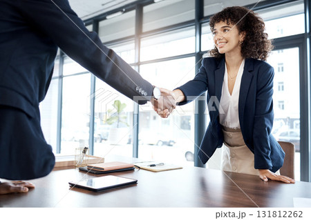 Business people, handshake and smile for b2b, interview or partnership in teamwork at the office. Happy female executive shaking hands with employee for meeting, greeting or introduction at workplace Business people, handshake and smile for b2b, interview or partnership in teamwork at the office. Happy female executive shaking hands with employee for meeting, greeting or introduction at workplace 131812262