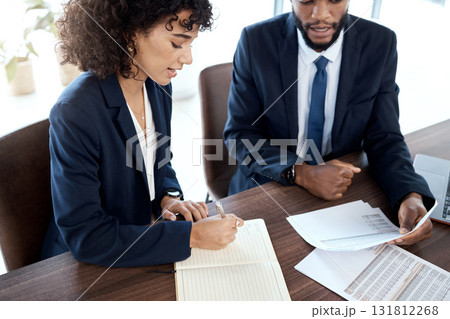 Accounting, document and meeting of black people in finance strategy, taxes report or budget review. Accountant, financial advisor or business employee with partner planning investment at USA company 131812268