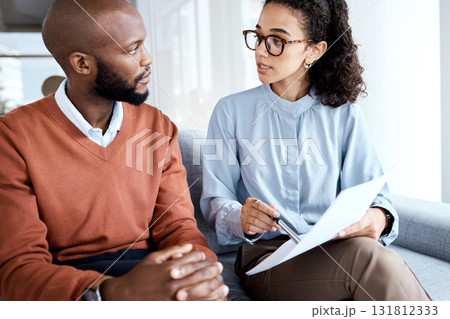 Contract, health agreement and man with black woman explain paperwork, medical insurance and legal document. Discussion, doctor in psychology and patient in consultation, sign terms and conditions 131812333