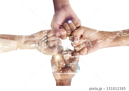 Hands, fist bump and team with connection and support, city overlay and double exposure on white background. Collaboration, trust and people united in studio, together and solidarity with diversity Hands, fist bump and team with connection and support, city overlay and double exposure on white background. Collaboration, trust and people united in studio, together and solidarity with diversity 131812385