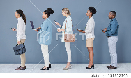 Business people, diversity and job interview waiting in queue, recruitment line or hr technology row. Vacancy, men and women in human resources, hiring or onboarding office on phone, laptop or tablet Business people, diversity and job interview waiting in queue, recruitment line or hr technology row. Vacancy, men and women in human resources, hiring or onboarding office on phone, laptop or tablet 131812503