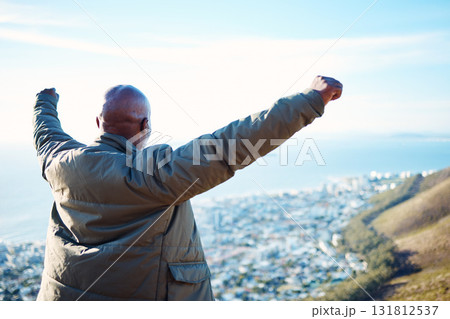 Back, black man and open arms on mountain, hiking and excited for victory, achievement and exercise. African American male, athlete outdoor or guy in nature, gesture for celebration or fitness target Back, black man and open arms on mountain, hiking and excited for victory, achievement and exercise. African American male, athlete outdoor or guy in nature, gesture for celebration or fitness target 131812537