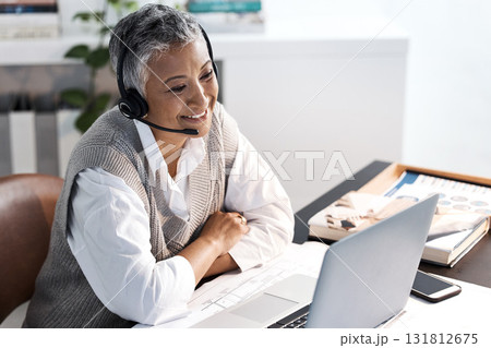 Call center, laptop and consulting with business woman talking for telemarketing, customer service or contact us. Trust, sales and online meeting with senior employee for virtual, planning or digital Call center, laptop and consulting with business woman talking for telemarketing, customer service or contact us. Trust, sales and online meeting with senior employee for virtual, planning or digital 131812675