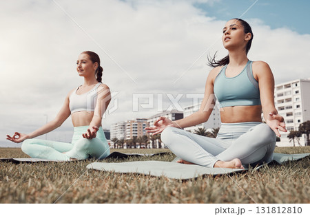 Girl friends, yoga and lotus meditation on grass at urban park for peace, body wellness or focus outdoor. Gen z group, woman or mindfulness exercise on lawn by buildings, city or health to relax mind Girl friends, yoga and lotus meditation on grass at urban park for peace, body wellness or focus outdoor. Gen z group, woman or mindfulness exercise on lawn by buildings, city or health to relax mind 131812810