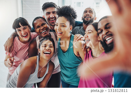 Fitness, gym and selfie of friends in yoga class excited for workout, exercise and training together. Sports club, diversity and portrait of happy people smile for wellness, health goals and pilates Fitness, gym and selfie of friends in yoga class excited for workout, exercise and training together. Sports club, diversity and portrait of happy people smile for wellness, health goals and pilates 131812811