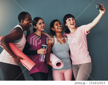 Fitness, gym and women with phone for selfie excited for workout, exercise goals and training. Sports club, diversity and happy girls with smartphone smile for healthy body, yoga and pilates class Fitness, gym and women with phone for selfie excited for workout, exercise goals and training. Sports club, diversity and happy girls with smartphone smile for healthy body, yoga and pilates class 131812815