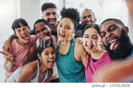 Yoga, fitness and selfie portrait of friends excited for workout, exercise goal and training in gym. Sports club, social media and funny, crazy and happy group for motivation, smile and pilates class 131812820