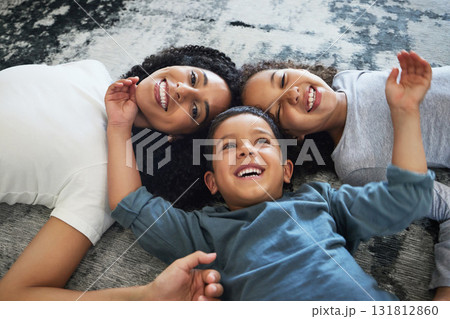 Family, mother and kids relax together at home, love and care in portrait with motherhood and happiness. Freedom, happy people and bonding, black woman and children smile, quality time and childhood Family, mother and kids relax together at home, love and care in portrait with motherhood and happiness. Freedom, happy people and bonding, black woman and children smile, quality time and childhood 131812860