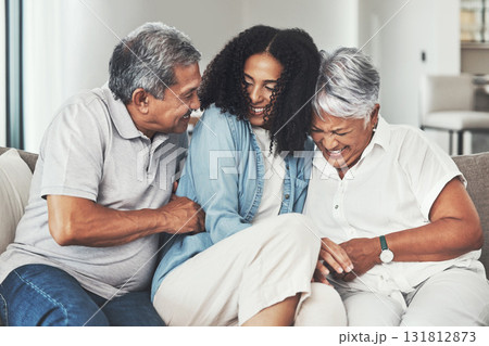 Love, happy family and senior parents with daughter laughing, playing and enjoy funny joke together. Holiday smile, vacation home and fun elderly mother, father and woman relax in house Love, happy family and senior parents with daughter laughing, playing and enjoy funny joke together. Holiday smile, vacation home and fun elderly mother, father and woman relax in house 131812873