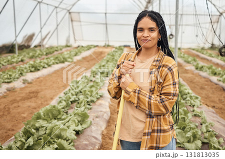 Black woman, farmer in portrait on farm and farming in greenhouse, sustainability with crop harvest. Environment, agriculture and fresh vegetable produce, green lettuce and eco friendly production Black woman, farmer in portrait on farm and farming in greenhouse, sustainability with crop harvest. Environment, agriculture and fresh vegetable produce, green lettuce and eco friendly production 131813035