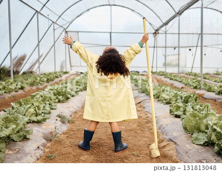 Child, girl or arms up in farming success, greenhouse harvest or agriculture land growth in sustainability field. Hands raised, winner or celebration for farmer kid, gardening tools or lettuce soil Child, girl or arms up in farming success, greenhouse harvest or agriculture land growth in sustainability field. Hands raised, winner or celebration for farmer kid, gardening tools or lettuce soil 131813048