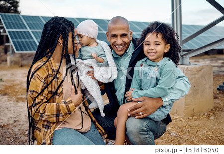 Black family, kids or renewable energy with parents and daughter siblings on a farm together for sustainability. Children, love or solar with man and woman girls bonding outdoor for agriculture Black family, kids or renewable energy with parents and daughter siblings on a farm together for sustainability. Children, love or solar with man and woman girls bonding outdoor for agriculture 131813050