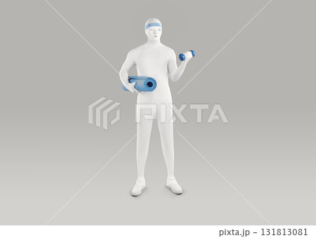 Man in a white bodysuit, mask and blue headband holding a blue workout mat and a dumbbell 131813081