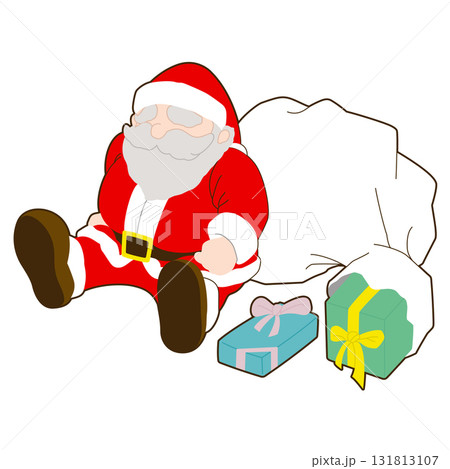 プレゼント袋の横で休むサンタクロースのキャラクターイラスト(クリスマス・冬・12月) プレゼント袋の横で休むサンタクロースのキャラクターイラスト(クリスマス・冬・12月) 131813107
