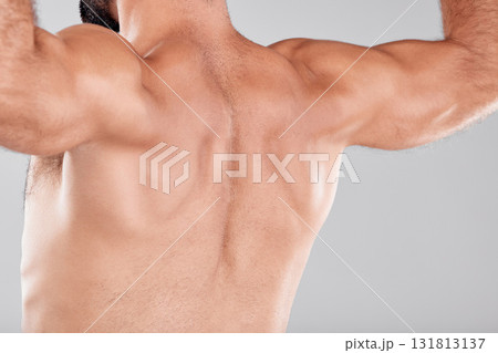 Man, fitness muscle and back flexing in studio isolated on a gray background. Sports, training and male model or bodybuilder showing strong biceps after exercise, workout or bodybuilding for power. 131813137