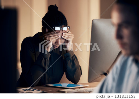 Stress, headache and business black woman at night working on project, report and strategy deadline. Burnout, fatigue and female worker on computer in dark office frustrated, tired and overworked Stress, headache and business black woman at night working on project, report and strategy deadline. Burnout, fatigue and female worker on computer in dark office frustrated, tired and overworked 131813155