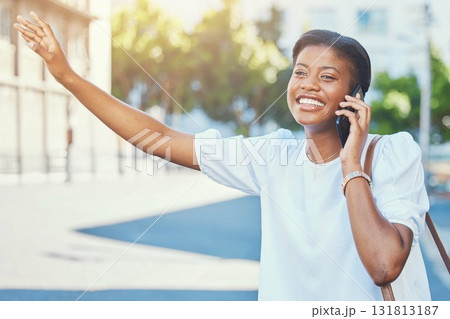 Phone call, wave and taxi with a black woman in the city during a summer commute on the street or sidewalk. Mobile, travel and transport with a happy young person outdoor on a road in an urban town 131813187