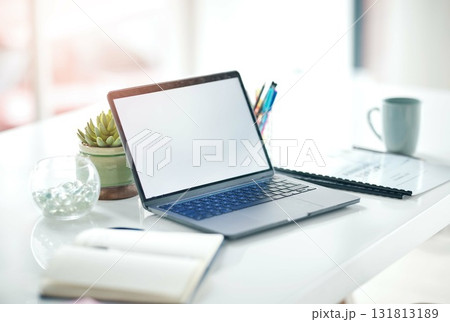 Online payment confirmation, laptop and empty office with ecommerce pay slip from web shopping. Digital, checkout notification and computer transaction sale on a website with isolated workspace Online payment confirmation, laptop and empty office with ecommerce pay slip from web shopping. Digital, checkout notification and computer transaction sale on a website with isolated workspace 131813189