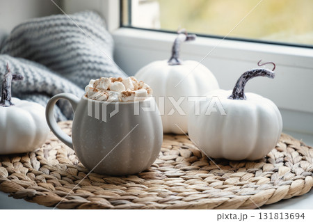 Autumn warming chocolate or coffee with marshmallows and cinnamon on window sill. Autumn season beverage. Close up. Autumn warming chocolate or coffee with marshmallows and cinnamon on window sill. Autumn season beverage. Close up. 131813694