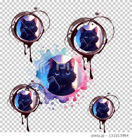 [Cat character] Black cat talking on smartphone 131813964