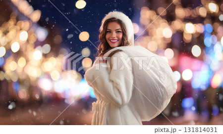 白いサンタ衣装の女性が街で微笑む夜景シーン|イルミネーションに包まれたホワイトクリスマス 白いサンタ衣装の女性が街で微笑む夜景シーン|イルミネーションに包まれたホワイトクリスマス 131814031