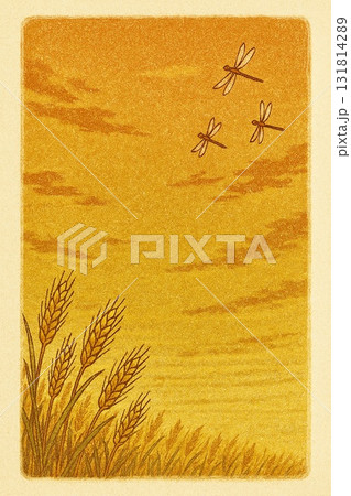 秋　収穫前の麦畑　赤とんぼ　版画調 131814289