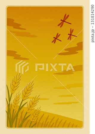 秋　収穫前の麦畑　赤とんぼ　貼り絵風 131814290