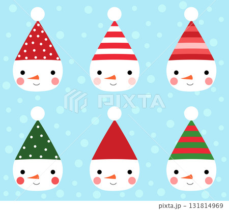 Cute snowmen faces with red and green hats for Christmas decor 131814969