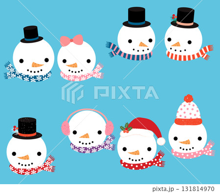 Cute snowmen heads with scarves and hats for Christmas holiday designs Cute snowmen heads with scarves and hats for Christmas holiday designs 131814970