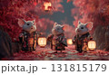 秋の森で提灯を持つ着物姿のコウモリたち 131815179
