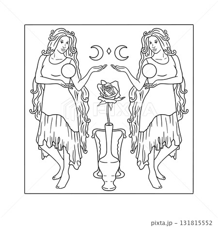 Art nouveau style woman with very long hair holding sun and moon hand drawn monochrome adult coloring book page 131815552