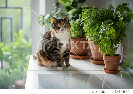 Pet and plants at home. Interested cat sit on kitchen table near small garden with houseplants herbs Pet and plants at home. Interested cat sit on kitchen table near small garden with houseplants herbs 131815674