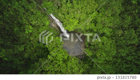 Fiji, Nadi Waterfall: Breathtaking aerial view huge waterfall cascading into a tranquil pond within a vibrant, untouched green rainforest. Drone flight panorama Fiji, Nadi Waterfall: Breathtaking aerial view huge waterfall cascading into a tranquil pond within a vibrant, untouched green rainforest. Drone flight panorama 131815780