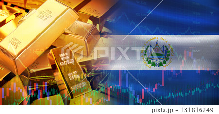 Gold bars stacked on Salvadoran flag. El Salvador gold reserves, Concept 131816249