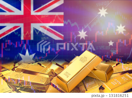 Gold bars on Australia flag in background. Gold bars stacked on Australian flag. Concept of Australia gold reserves 131816251