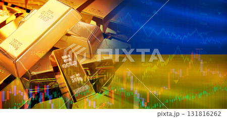 Gold bars stacked on Ukrainian flag. Ukraine gold reserves, Concept Gold bars stacked on Ukrainian flag. Ukraine gold reserves, Concept 131816262