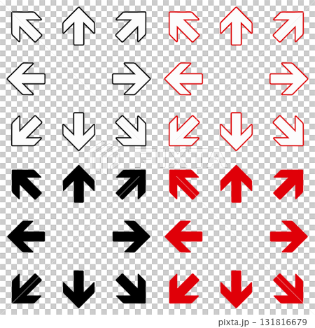 八方向に向くシンプルな矢印アイコン2色セット ブラック・レッド 131816679