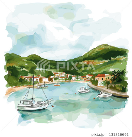 English Harbour. English Harbour hand drawn watercolor illustration 131816691