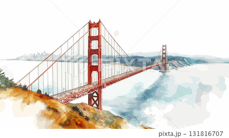 Golden Gate Bridge. Golden Gate Bridge hand drawn watercolor illustration 131816707