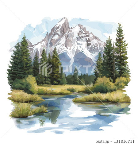 Grand Teton National Park. Grand Teton National Park hand drawn watercolor illustration 131816711