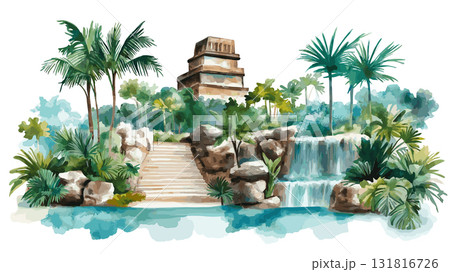 Xcaret Eco Park. Xcaret Eco Park hand drawn watercolor illustration 131816726