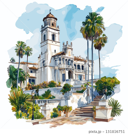 Hearst Castle. Hearst Castle hand drawn watercolor illustration Hearst Castle. Hearst Castle hand drawn watercolor illustration 131816751