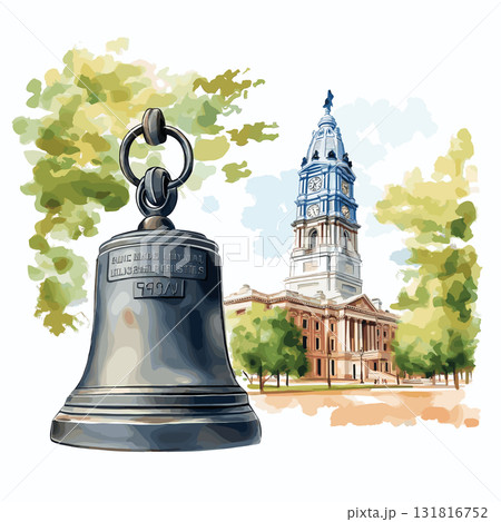 Independence Hall and Liberty Bell. Independence Hall and Liberty Bell hand drawn watercolor illustration 131816752