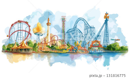 Six Flags Great Adventure. Six Flags Great Adventure hand drawn watercolor illustration Six Flags Great Adventure. Six Flags Great Adventure hand drawn watercolor illustration 131816775