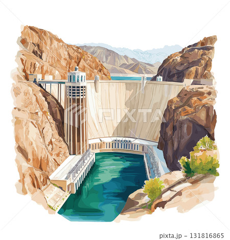 Hoover Dam. Hoover Dam hand drawn watercolor illustration 131816865