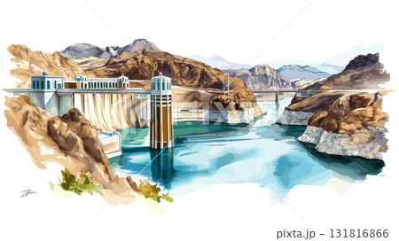Hoover Dam. Hoover Dam hand drawn watercolor illustration 131816866