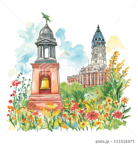 Independence Hall and Liberty Bell. Independence Hall and Liberty Bell hand drawn watercolor illustration Independence Hall and Liberty Bell. Independence Hall and Liberty Bell hand drawn watercolor illustration 131816875