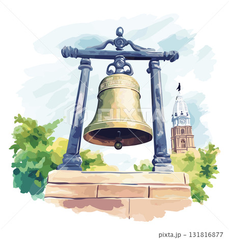 Independence Hall and Liberty Bell. Independence Hall and Liberty Bell hand drawn watercolor illustration 131816877